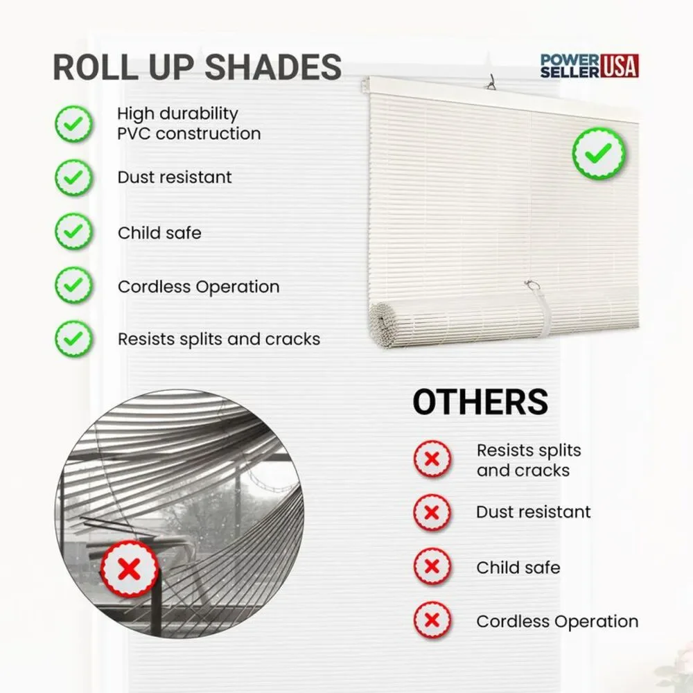 PowerSellerUSA Oval Cordless Blinds, Roll-Up Roller Shades for Windows and